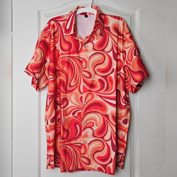 KYKU Men's Button Down Hawaiian Short Sleeve Shirt, One Pocket | Orange & White - Picture 5 of 9